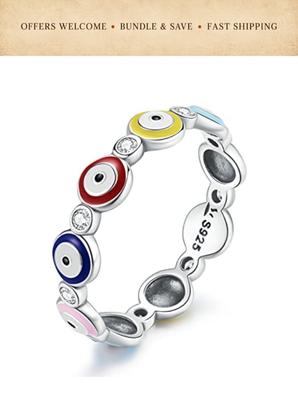 925 Sterling Silver Evil Eye Ring Hamsa Enamel Band CZ Dainty